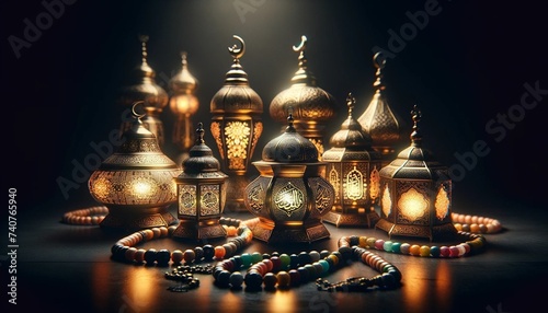 ramzan concept, lantern tasbih and dates on white background,old fashioned lamp and candle