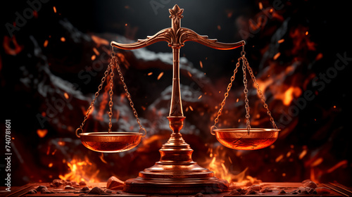 Justice scale with dark-toned on-fire background. Justice concept. Scale is a symbol of justice. 