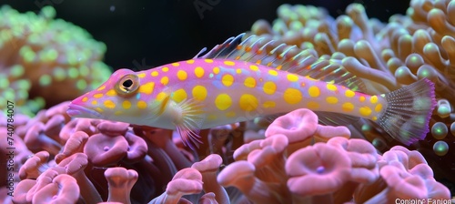 Colorful hawkfish swimming among vibrant corals in a saltwater aquarium environment