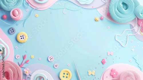 a paper crafted background with cute doodles of yarn, buttons, and sewing needles. The text space can be in the shape of a button