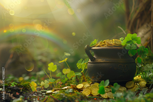 Magic Leprechaun's pot with gold coins on rainbow green background. Holiday and myth concept. For st patrick's day celebration. Fantasy illustration for wallpaper, poster, banner, card