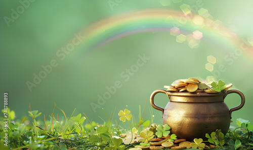 Pot of gold with rainbow on green background. Holiday and myth concept. For st patrick's day celebration. Fantasy illustration for banner, poster, card with copy space