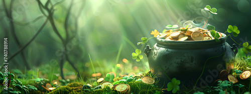 Pot of gold on magic forest background. Holiday and myth concept. For st patrick's day celebration. Fantasy illustration for wallpaper, poster, banner, card