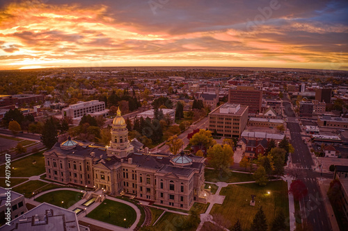 Aerial View of a Sunrise over Downtown Cheyenne, Wyoming