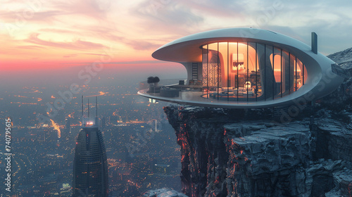 A futuristic, pod-shaped dwelling on a rocky cliff, offering panoramic views of a sprawling cityscape below.