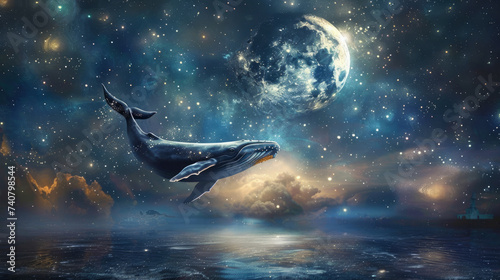 Whale glides past the moon a celestial dance in the starlit sky tranquility