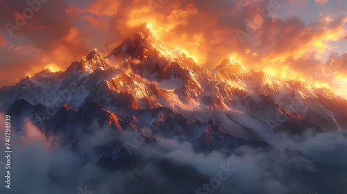 A dramatic mountain vista with rugged peaks piercing the sky, their snow-capped summits glowing in the light of the rising sun