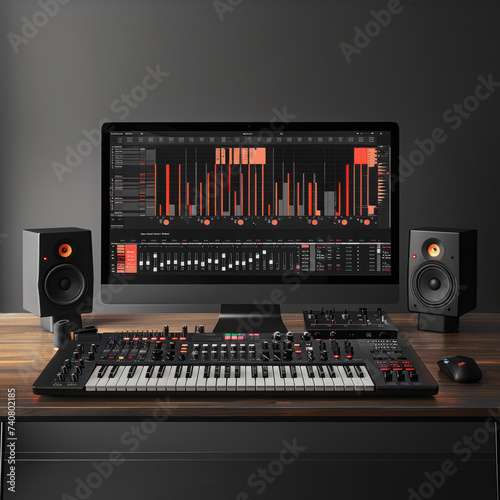 Professional music studio with wooden desk and monitor speakers, midi keyboards and interfaces
