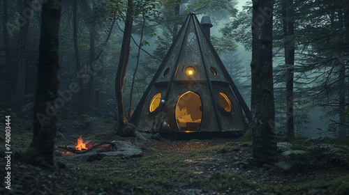 A hyperrealistic image of a tent house with a conical roof and a zipper. The house is adventurous and cozy, and has a camping gear and a lantern inside. The house is pitched in a forest, with a fire a