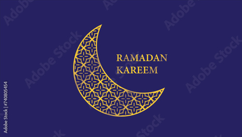 crescent moon with islamic pattern and ramadan kareem phrase isolated on dark blue background. Vector illustration