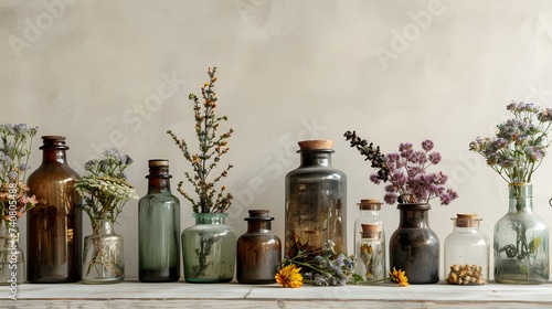 Herbal apothecary aesthetic. Jars with dry herbs and flowers on a beige background in the interior.