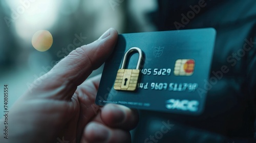 Security technology concept. Man hand holding credit or debit card with padlock, protection of financial transactions.