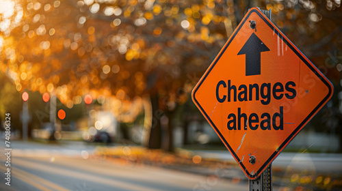 A "Changes ahead" sign near a school zone, indicating the impact of change on communities and future generations, Changes ahead, blurred background, with copy space