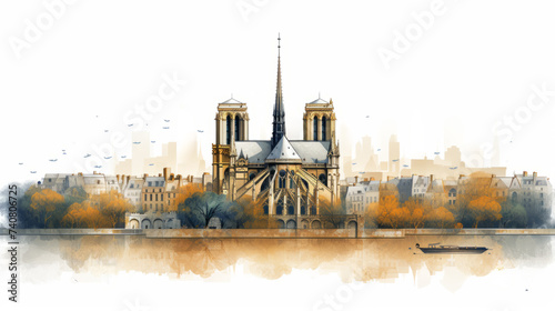 Very Stylized drawing of Notre-Dame of Paris back view in water color style