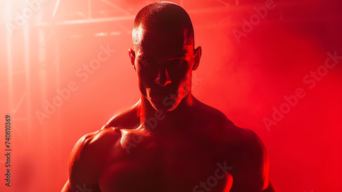 Retrato de boxeador masculino posando em luz vermelha e branca