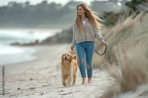 A young woman walks with her golden retriever dog along the seashore