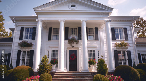 A suburban colonial-style home with symmetrical features, emphasizing the classic architecture and the crispness of the white columns against a clear day.