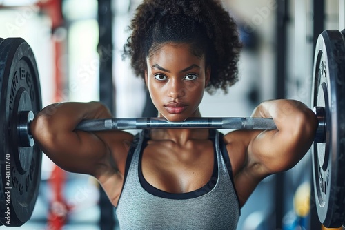 A determined woman pushes her limits in the gym, her hands shielding her face as she lifts heavy weights, embodying strength and dedication in her weight training routine