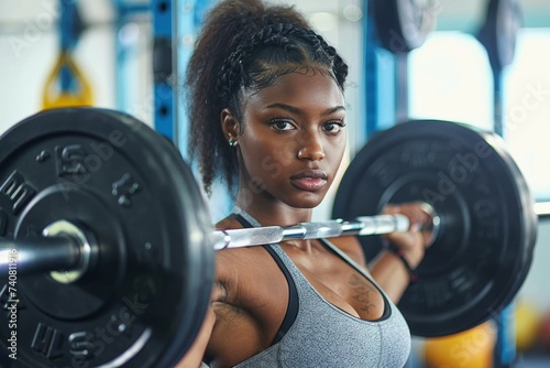 A determined woman builds strength and resilience in a bustling gym, pushing through the weights with determination and dedication to her physical fitness journey