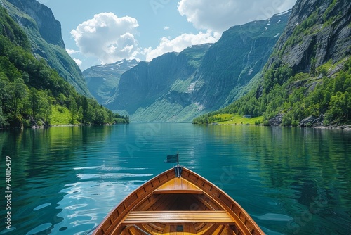 A lone canoe glides across the serene lake, surrounded by majestic mountains and fluffy clouds, transporting its passengers to a peaceful oasis in nature