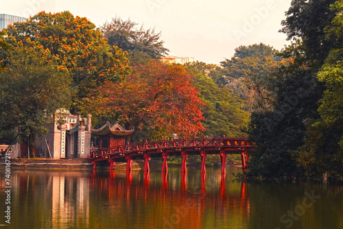 The Huc Bridge (Welcoming Morning Sunlight Bridge) over the Hoan Kiem Lake in Hanoi, Vietnam.