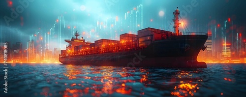 Container cargo ship, double exposure withgraph chart of stock market