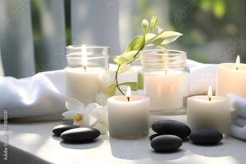 Black basalt stones for spa treatments with white candles and a white orchid on a light background. Playground AI platform
