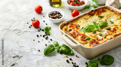 Italian lasagna with basil leaf 