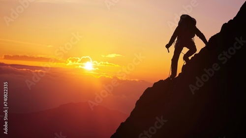 Silhouette of Climber on Mountain at Sunset. A lone climber ascends a steep mountain, silhouetted against the vibrant colors of the sunset sky.