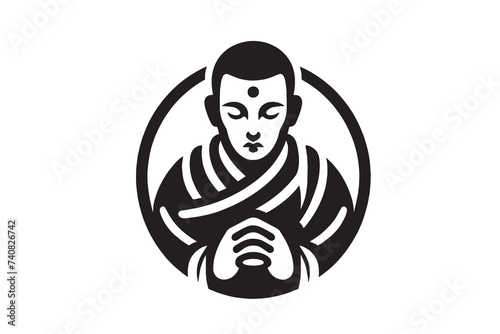  tibetan monk in zen, meditation round icon, lgo, emblem. Self control and mental health. Buddhism, lotus, yoga. Simple black flat vector illustration.