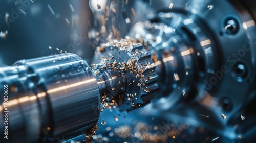 Close-up of a CNC lathe machine precision metalworking, with metal shavings and sparks, emphasizing modern manufacturing processes.