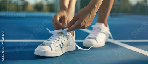 girl player tying sport shoes