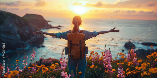 Woman Embracing Nature at Sunset. A woman with open arms at cliffside sunset.