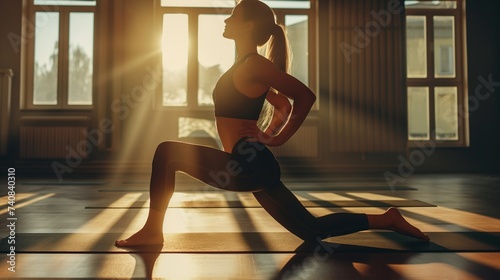 A young woman with an athletic figure in the gym for fitness and yoga, doing warm-up and stretching, exercises for body and health