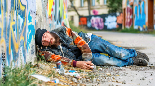 Homeless man having alcohol or drug overdose in the street