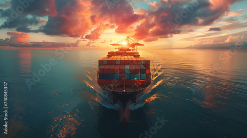 Container ship carrying container boxes import export dock with quay crane. Global business cargo freight shipping commercial trade logistic and transportation oversea worldwide, Generative Ai