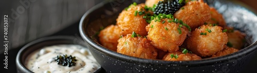 Tater Tots truffle infused served with a side of caviar dip a posh take on a childhood favorite