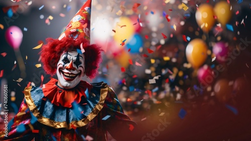 A clown in a colorful, funny costume all around smeared balloons, falling colorful confetti banner with a space for its own content. Carnival outfits, masks and decorations.