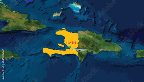 Haiti country map and Port-au-Prince, its capital city on the world background. First independent nation of Latin America and the Caribbean. Its name means the land of the mountain. 
