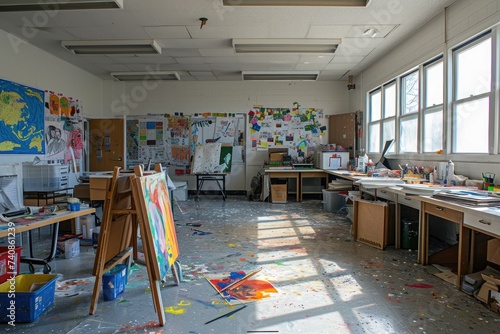 A chaotic room filled with clutter and miscellaneous items scattered across the floor, Empty classroom turned into an art studio with scattered art supplies, AI Generated