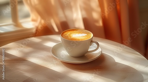 A cup of cappuccino stands on a smooth table surface. Aesthetics