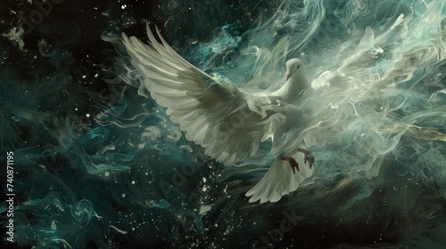 Flying white dove, Symbol of peace. Gifts of holy spirit concept 