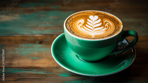 Cappuccino (late) with lush foam in a green cup on a wooden background. Popular Italian coffee drink.
