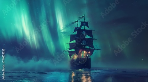 A pirate ship sailing under the aurora borealis with its Jolly Roger flag fluttering in the cold breeze