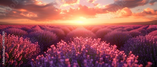 In a lavender flower field, Violet fragrant lavender flowers bloom. Growing lavender swaying in the wind, harvest, perfume ingredient, aromatherapy. Lavender fields, perfume ingredients.