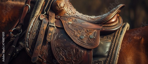 Detailed close up of a leather horse saddle with intricate designs and textures