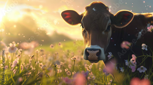 Portrait of a cow in a spring field at sunset
