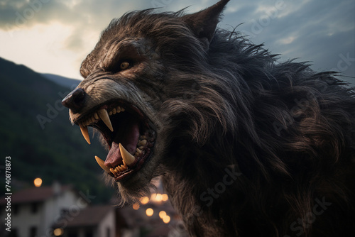 AI generated fantasy scene picture of an scary monster werewolf in dark forest
