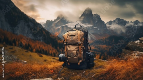 Hikers with backpacks holding binoculars sitting on top of the rock mountain, generate AI