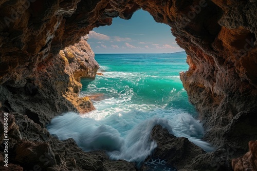 A stunning photograph capturing the grandeur of the ocean as seen through the entrance of a cave along the coast, Framed view of ocean waves through a sea cave, AI Generated